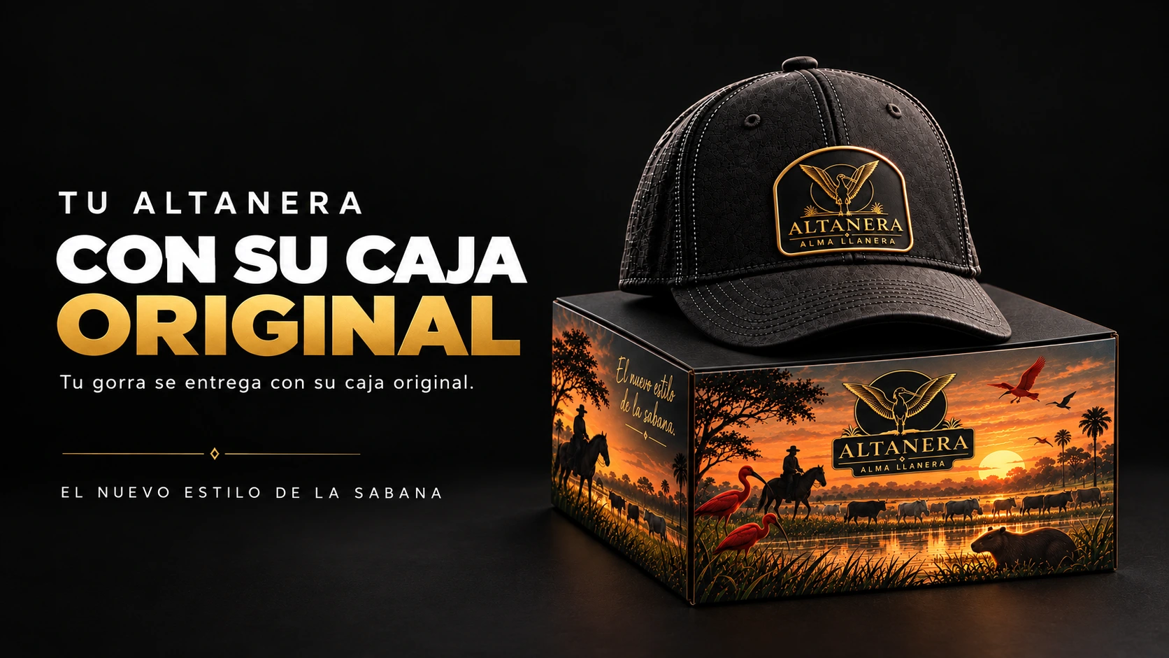 Tu ALTANERA con su caja original. Gorra negra sobre su caja ilustrada. Tu gorra se entrega con su caja original. El nuevo estilo de la sabana.