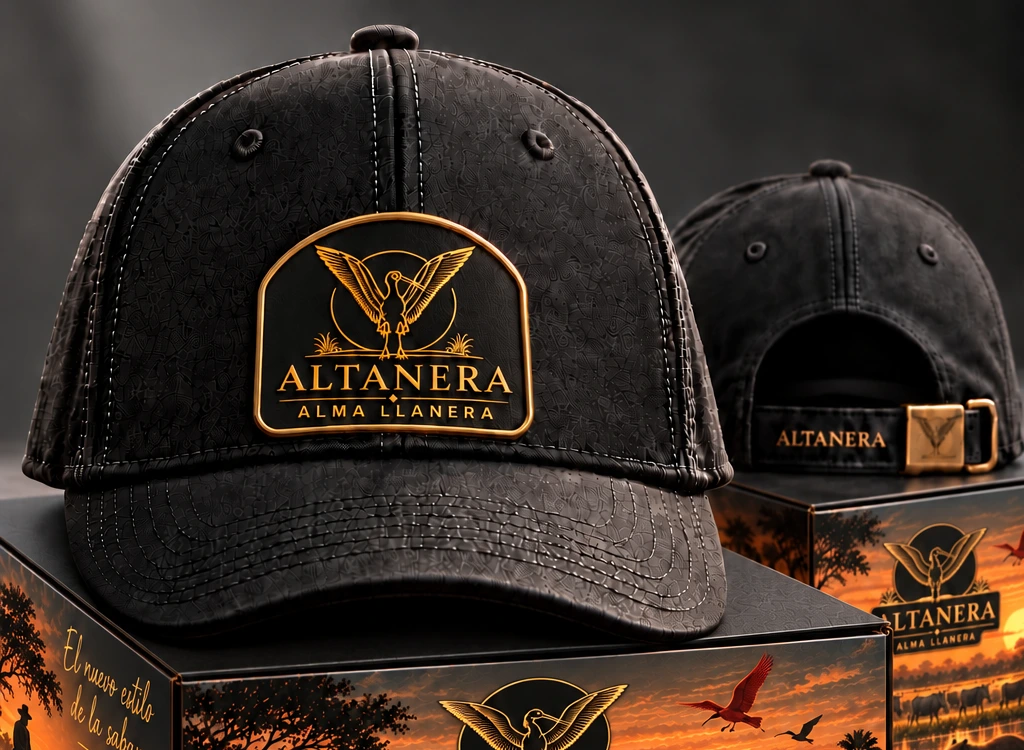Gorra negra ALTANERA con emblema dorado y empaque ilustrado